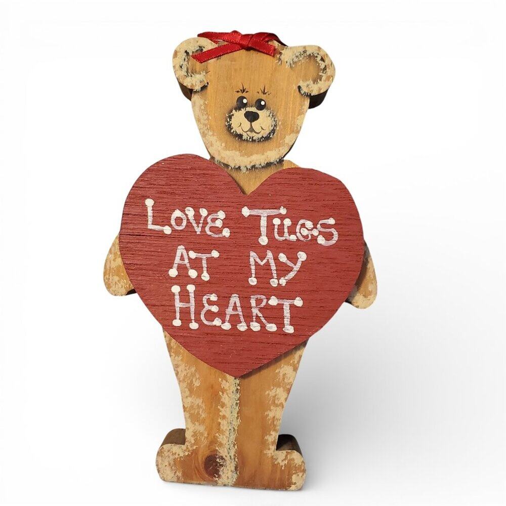 Vintage Adorable Wooden Wood Bear Shelf Decor Love Heart Rustic Cottagecore
